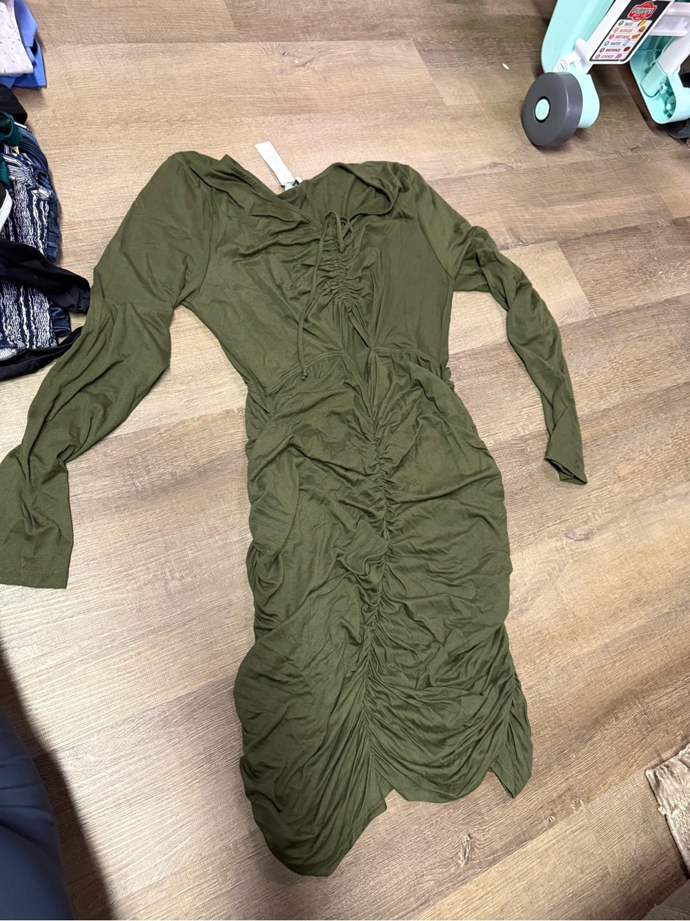 white birch Olive Ruched Long Sleeve Dress